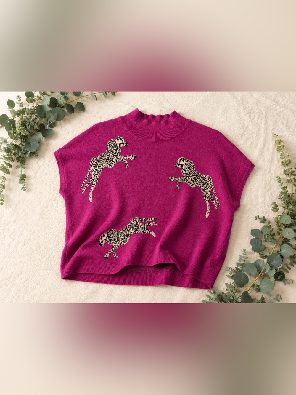 Fuchsia Cropped Sweater with Animal Print | Layered Statement Piece